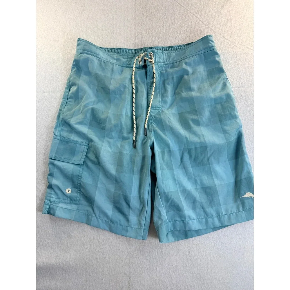 Tommy Bahama Mens Blue Tonal Checkered Cargo Swim Trunks Board Shorts Sz M